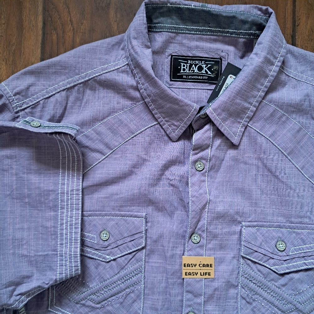 Buckle Black Slub Chambray Standard Stretch Embroidered Button Front Shirt XL